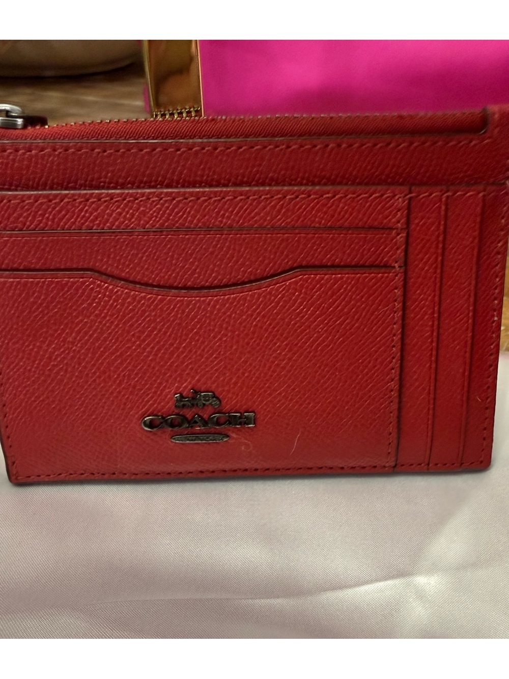 NWOT Coach Red Leather Cardholder with Zip Pocket. Saffiano Leather